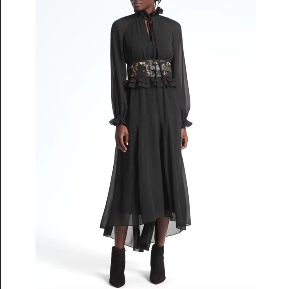 Banana Republic x Olivia Palermo sheer tie-neck black dress